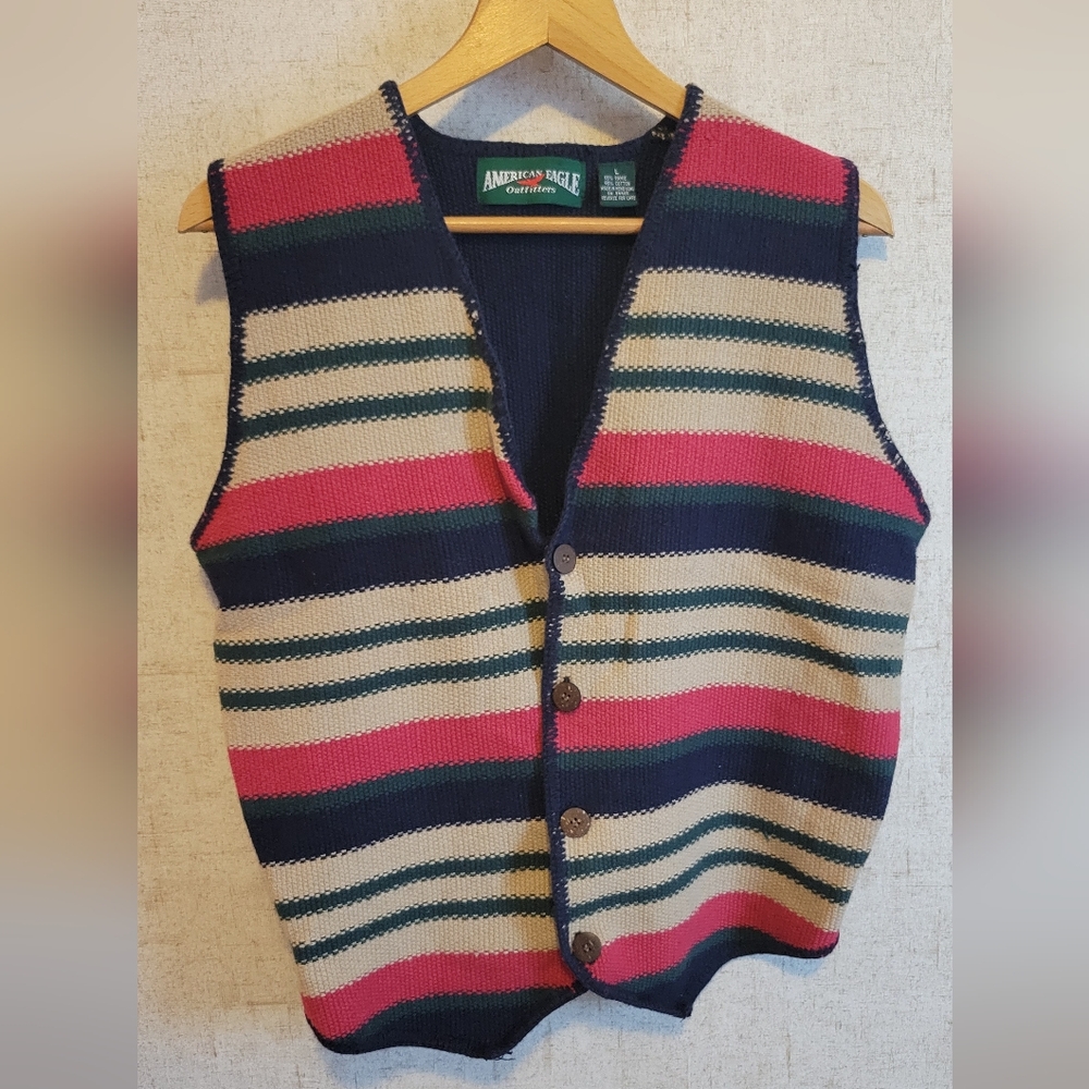 Vintage American Eagle Outfitters Striped Cardigan in Navy, Red, Green and Cream